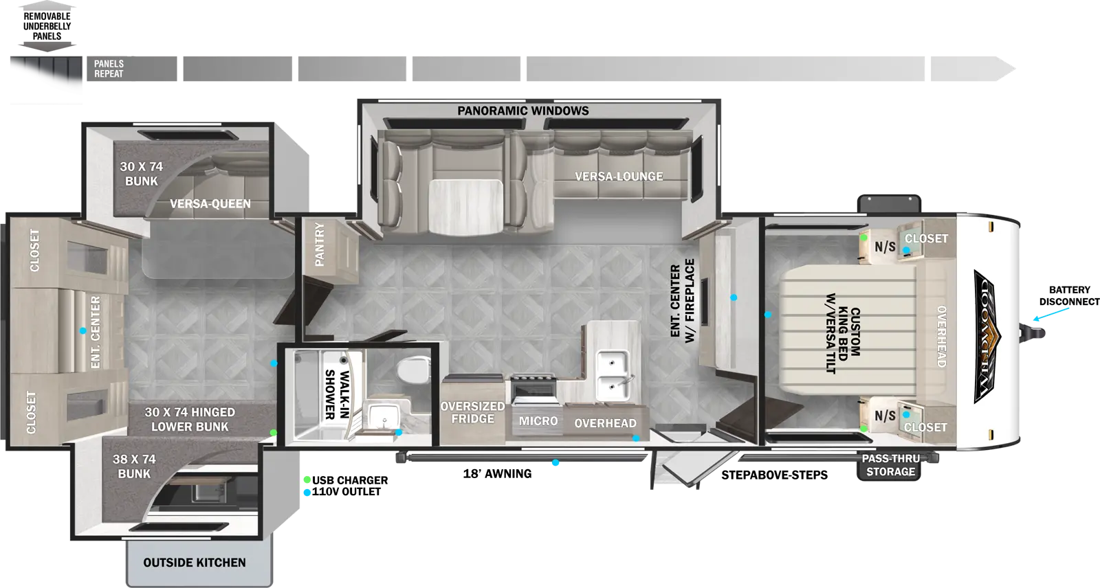 The 31KQBTS has three slideouts and one entry. Exterior features include an outside kitchen, 18 foot awning, step above entry steps front pass-thru storage, battery disconnect, and removable underbelly panels. Interior layout front to back: custom versa-tilt king bed with night stands and closets on each side, and overhead cabinet; entertainment center with fireplace along inner wall; off-door side slideout with versa lounge/u-dinette, and panoramic windows; door side entry, peninsula kitchen counter with sink, overhead cabinet, microwave and oversized refrigerator; door side full bathroom with walk-in shower; off-door side pantry; rear bunk room with off-door side slideout with versa queen below and bunk above, door side slideout with hinged lower bunk, and bunk above, and rear entertainment center with closets on each side.